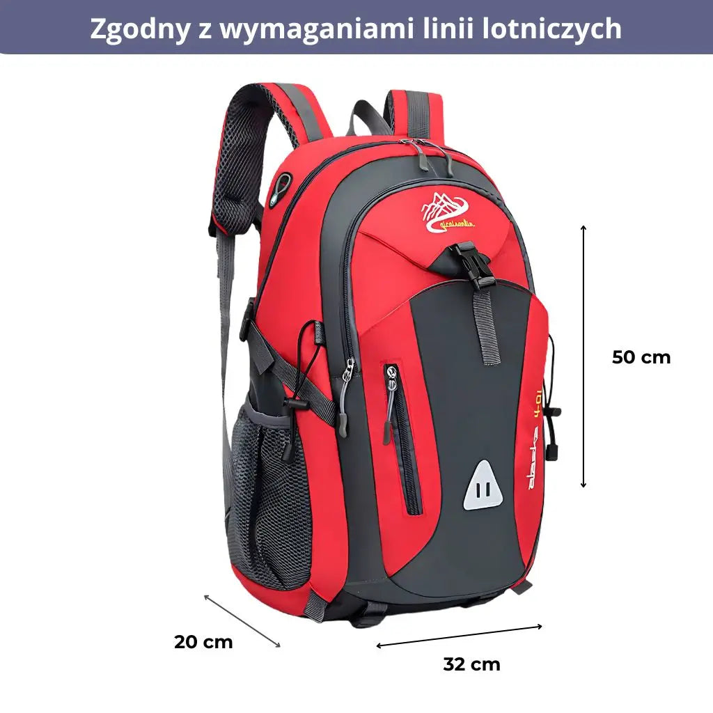 Plecak sportowy czerwony do samolotu z wymiarami 50x32x20 cm, idealny na podróż.