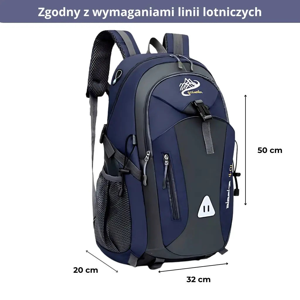Plecak sportowy granatowy do samolotu z wymiarami 50x32x20 cm, zgodny z wymaganiami linii lotniczych.