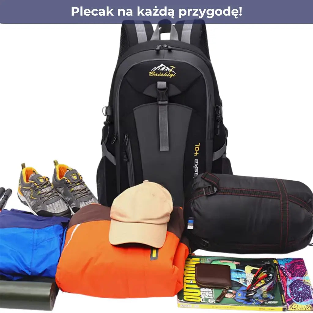 Plecak sportowy do samolotu, przygotowany na każdą przygodę z ubraniami, butami, mapą i innymi niezbędnymi akcesoriami.