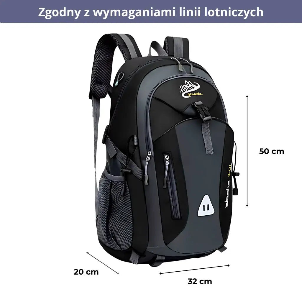 Plecak sportowy do samolotu z wymiarami 50x32x20 cm, idealny do podróży.