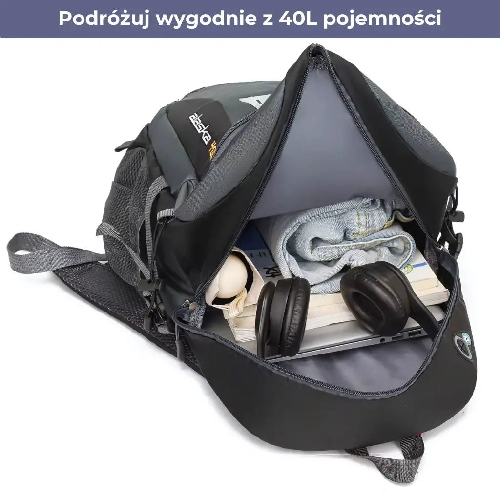 Plecak sportowy do samolotu z 40L pojemności, idealny do podróży z książkami, ubraniami i laptopem.