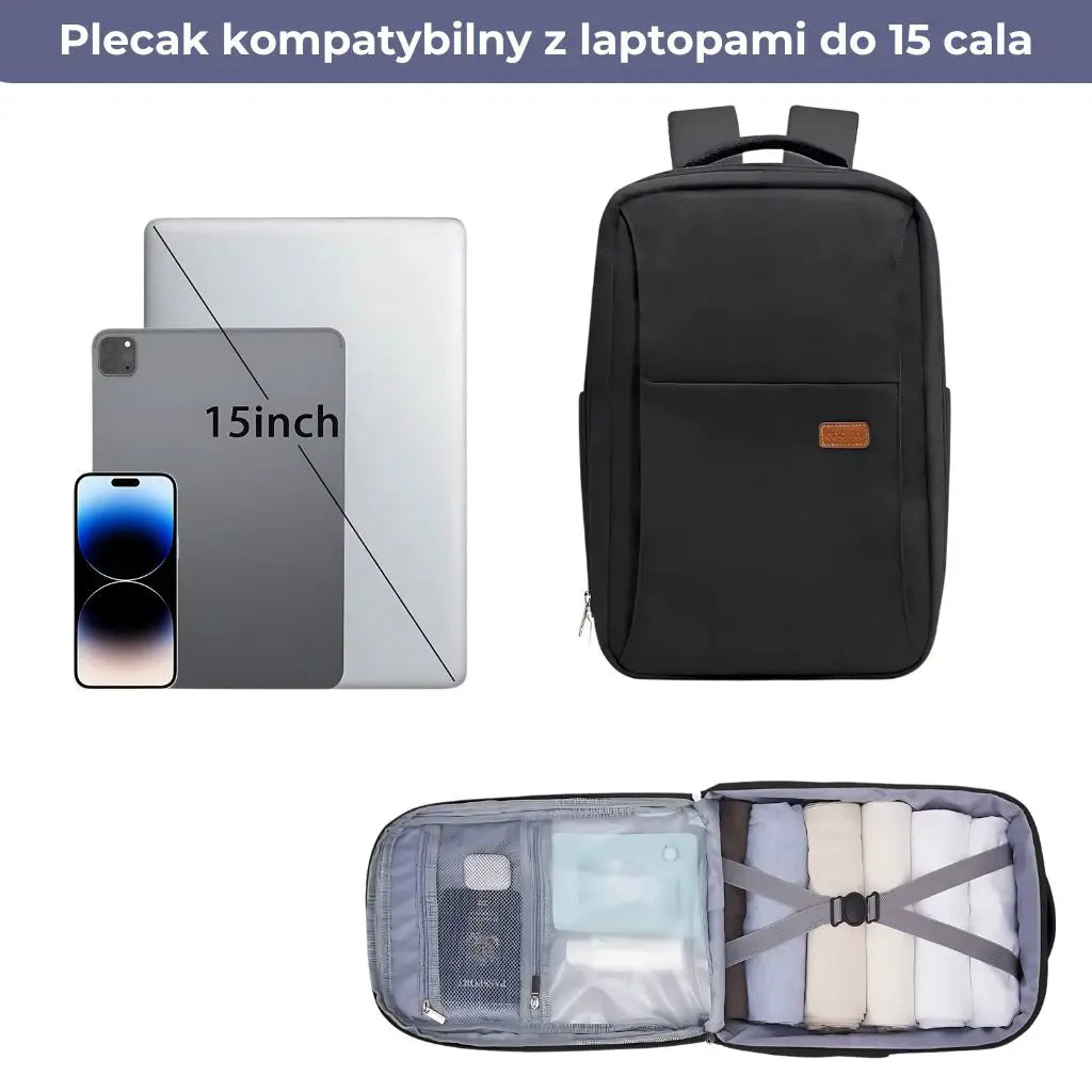 Plecak wodoodporny do samolotu 40x20x25 Ryanair z dodatkowymi kieszeniami na akcesoria.