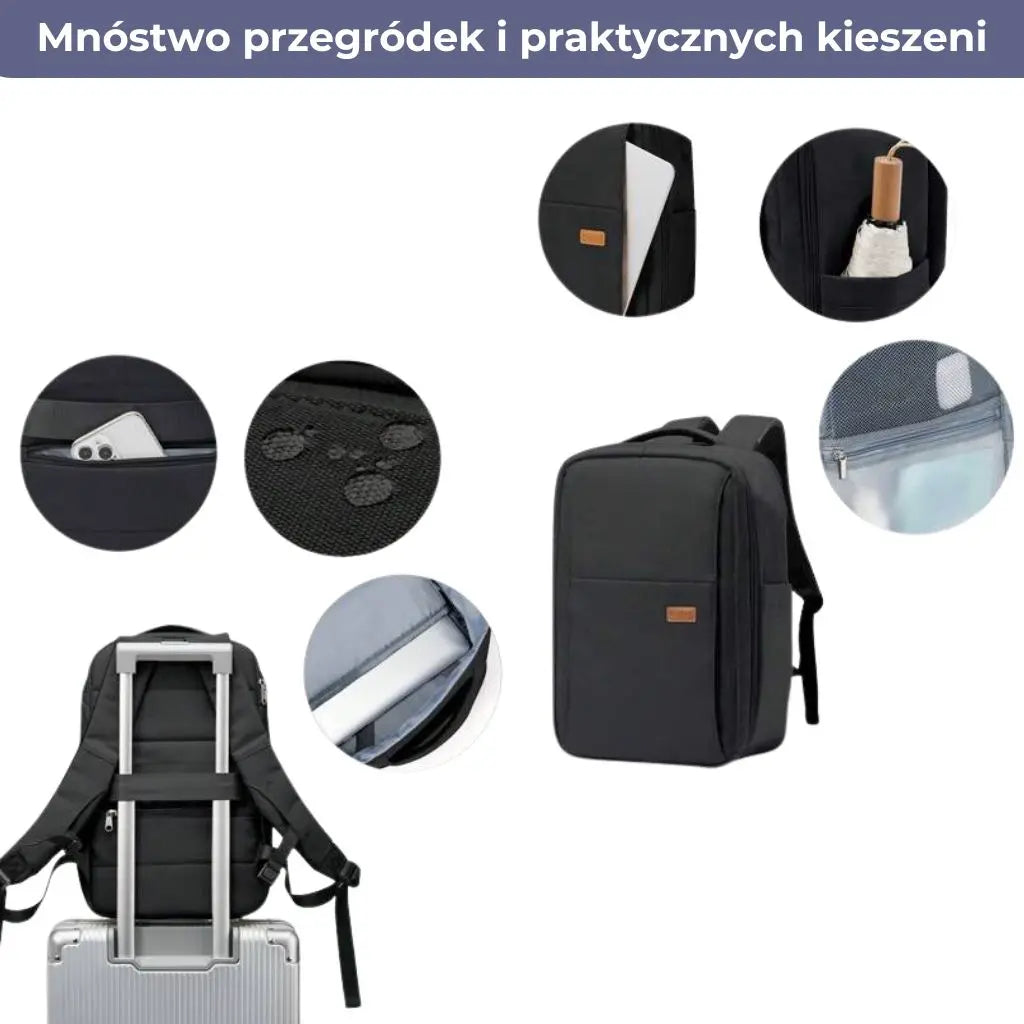 Plecak wodoodporny do samolotu 40x20x25 Ryanair z wieloma praktycznymi przegrodami.