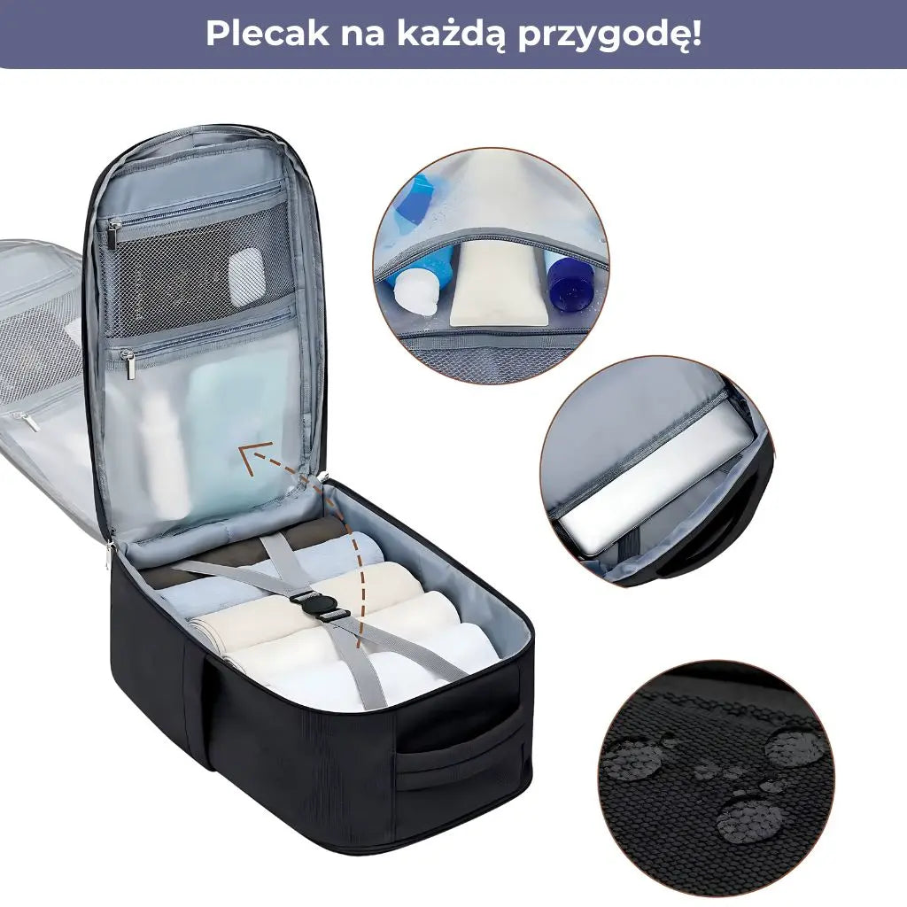 Plecak wodoodporny do samolotu 40x20x25 Ryanair z dobrze zorganizowanym wnętrzem.