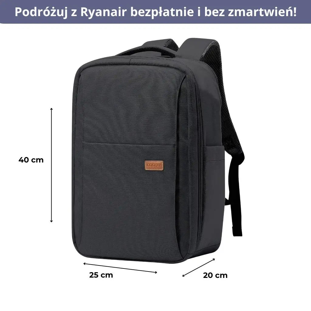 Plecak wodoodporny do samolotu 40x20x25 Ryanair z podanymi wymiarami.