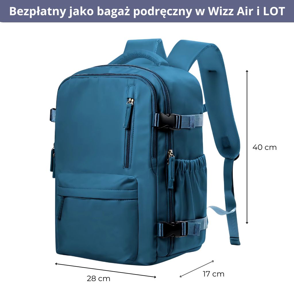 Plecak do samolotu 40x30x20 wizzair niebieski, lekki i kompaktowy plecak zgodny z wymaganiami bagażu podręcznego Wizz Air.