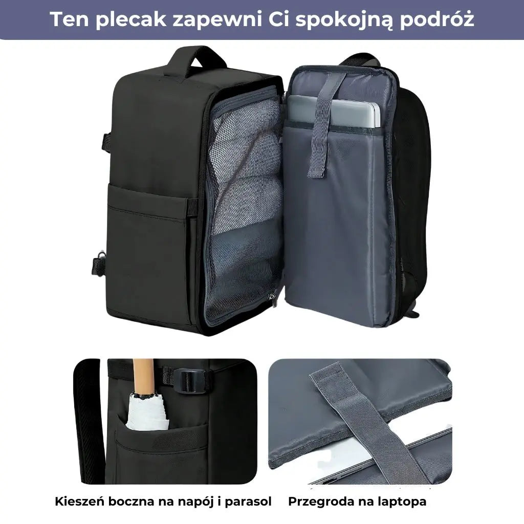 Czarny elegancki plecak podróżny do samolotu z komorą na laptop i kieszenią na parasol.