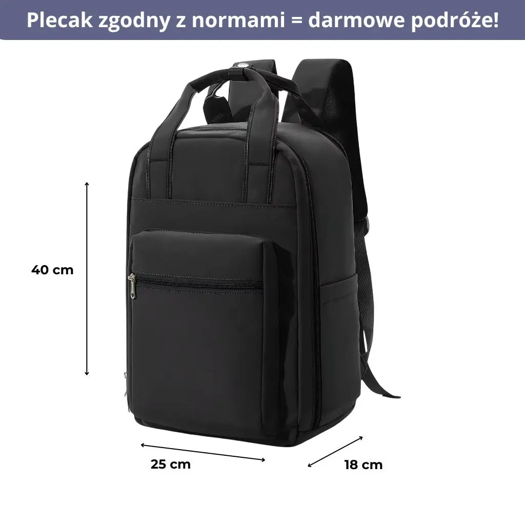 Wymiary malego plecaka do samolotu 40x20x25 Ryanair w kolorze czarnym, idealny do darmowych Podrozy.