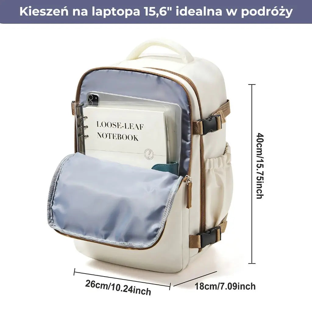 Plecak beżowy do samolotu z kieszenią na laptopa 15,6 cala i praktycznym wnętrzem.