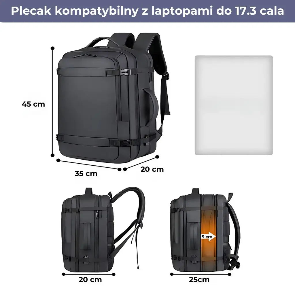 Czarny plecak 40l kompatybilny z laptopami do 17.3 cala, z regulowanymi wymiarami i wodoodpornym materiałem.