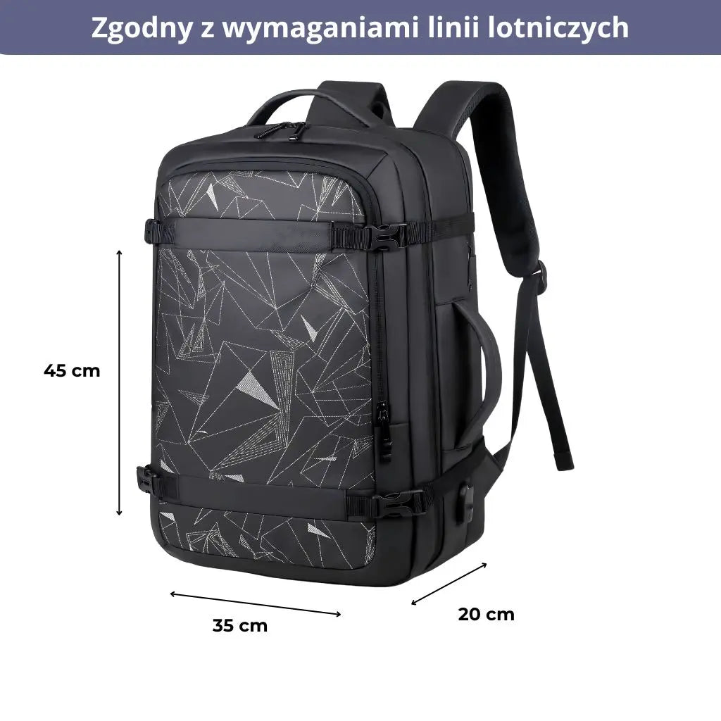 Czarny plecak 40l z geometrycznym srebrnym wzorem, zgodny z wymaganiami linii lotniczych, kompaktowy i elegancki.