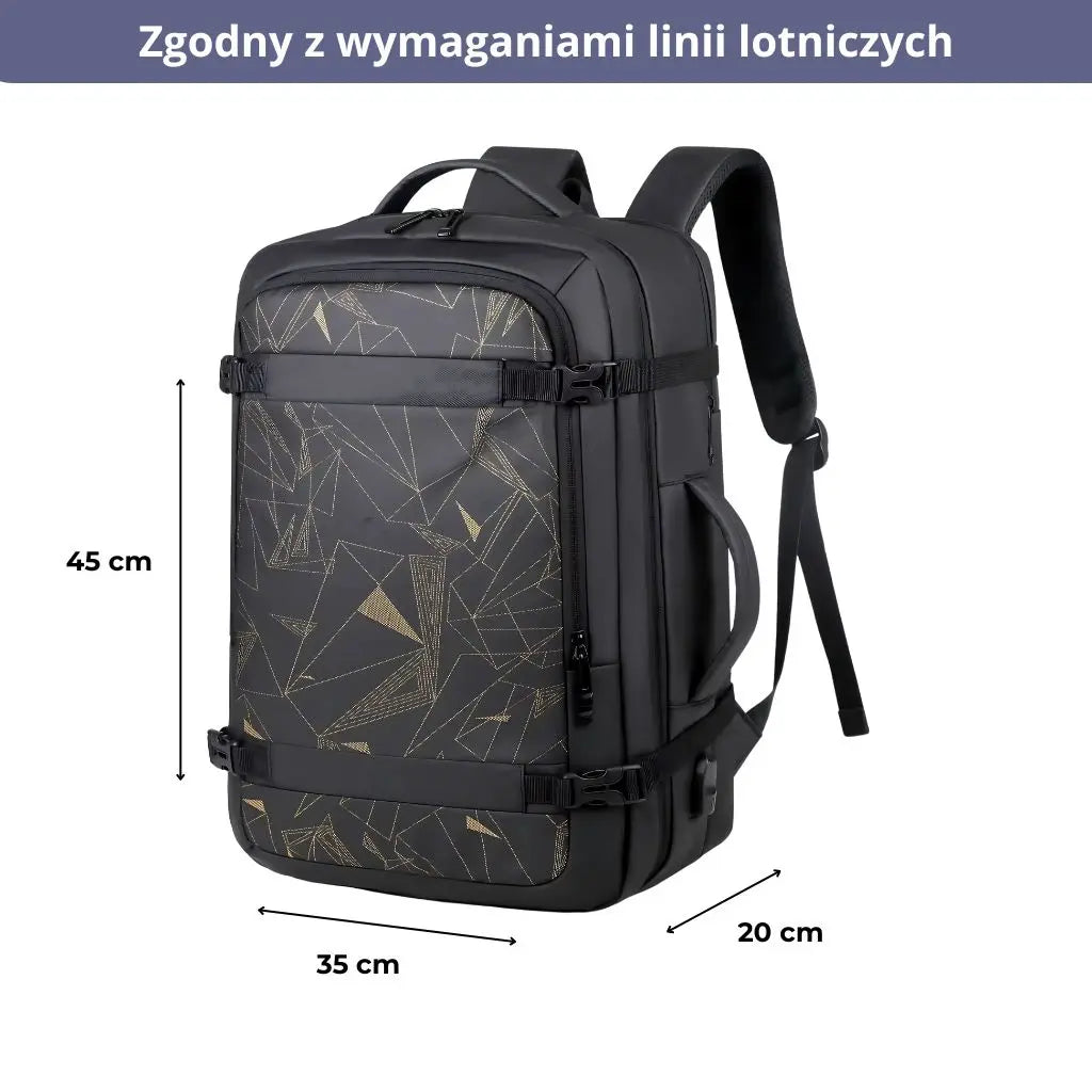 Czarny plecak 40l ze złotym geometrycznym wzorem, zgodny z wymaganiami linii lotniczych, idealny na podróże samolotem.