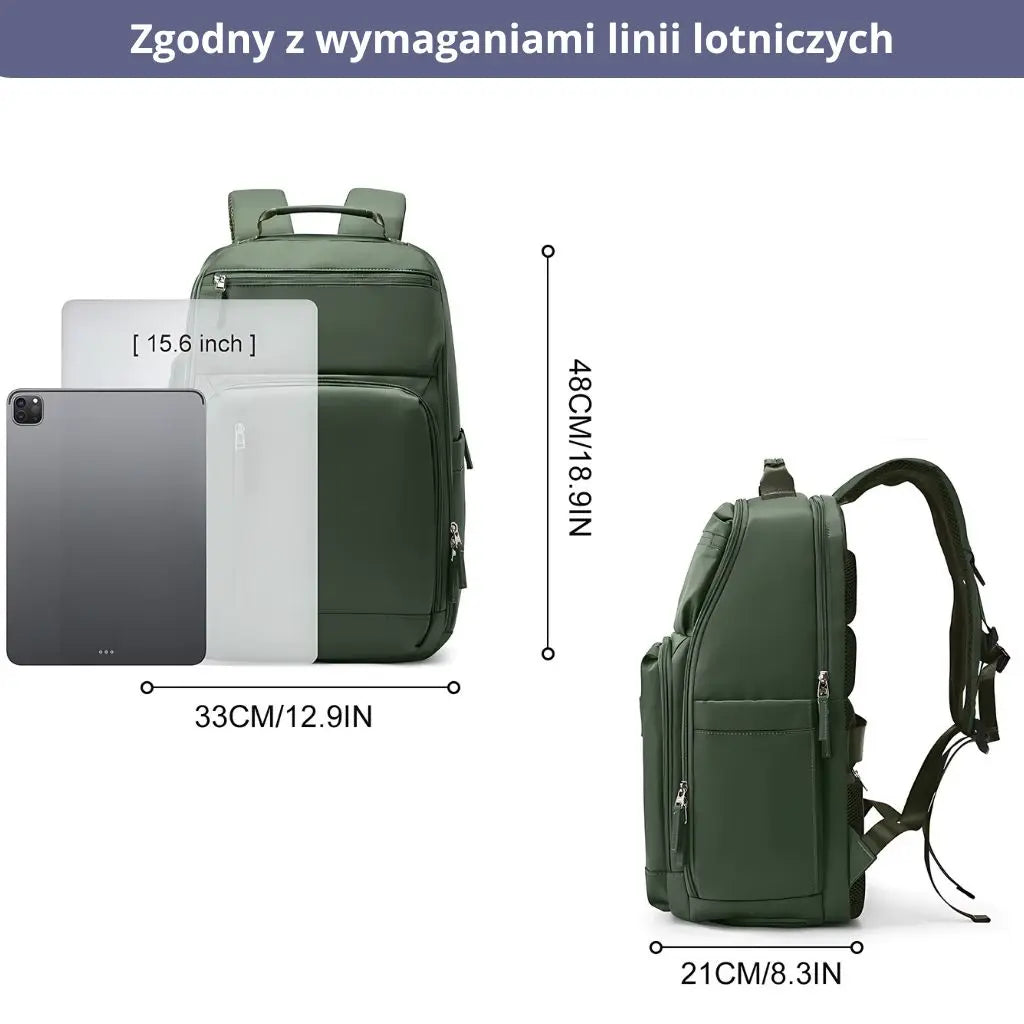 Zielony plecak do samolotu 24 litrów z podanymi wymiarami 48 cm wysokości, 33 cm szerokości i 21 cm głębokości.