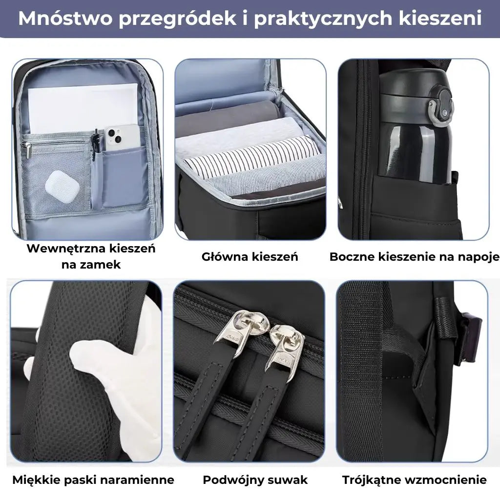 Stylowy plecak do samolotu o wymiarach 45x36x20 cm, zaprojektowany dla podróżujących z EasyJet.