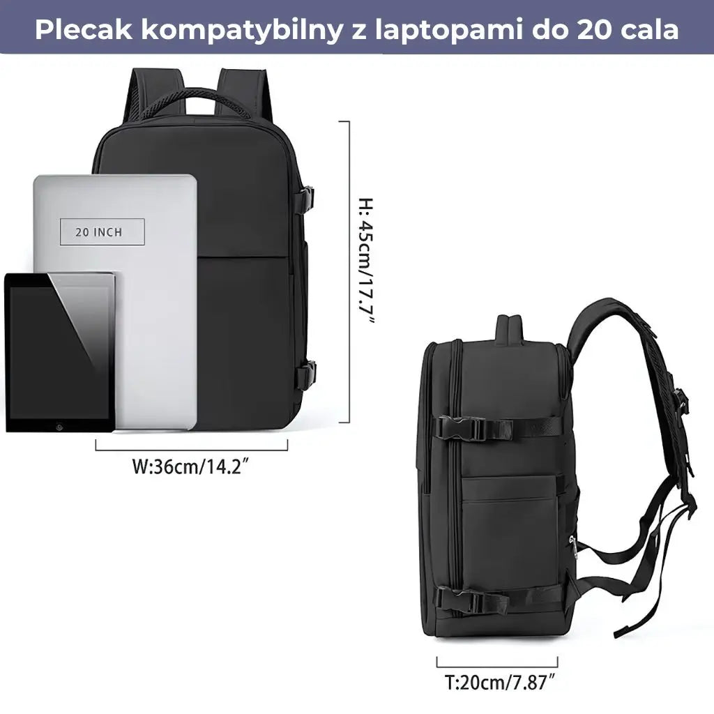 Plecak kompatybilny z laptopami do 20 cali, o wymiarach 45x36x20 cm, idealny do samolotu EasyJet.