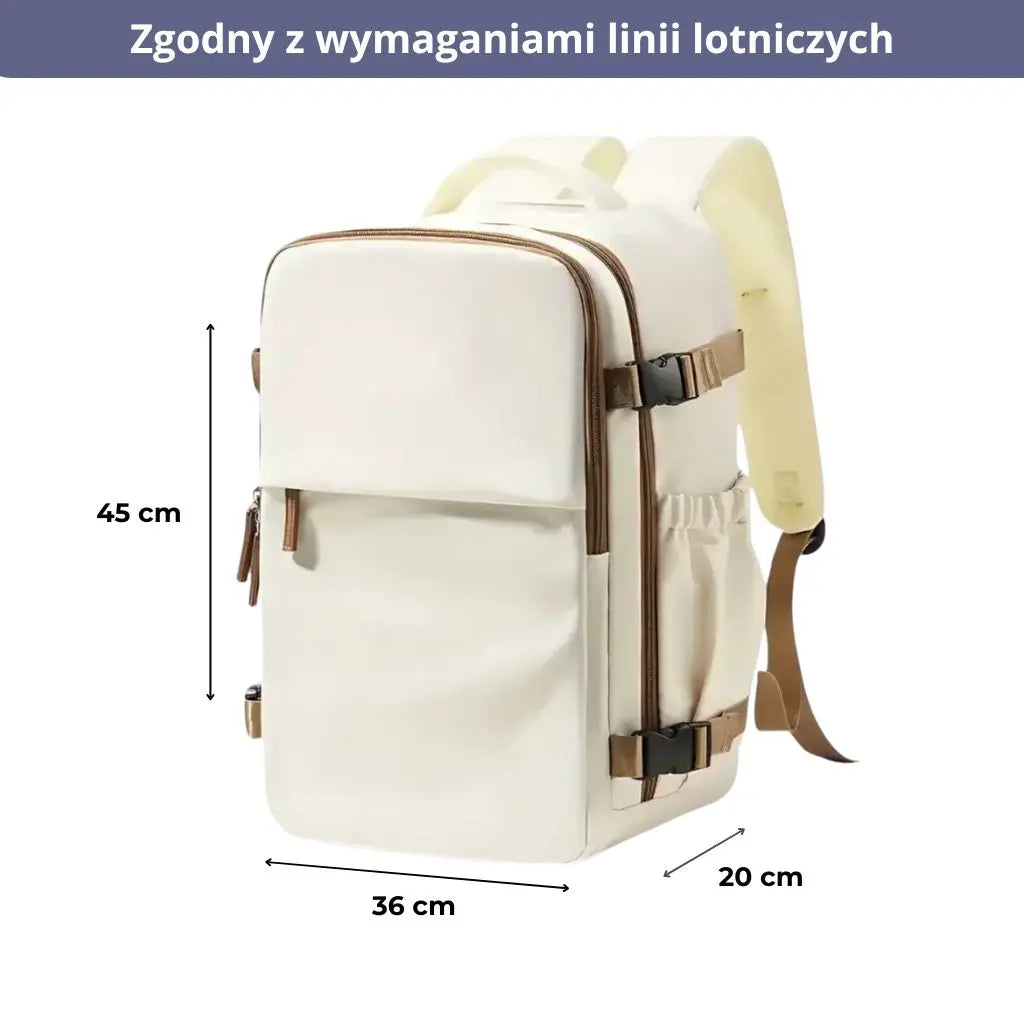 Plecak do samolotu o wymiarach 45x36x20 cm w kolorze kremowym, zgodny z wymaganiami EasyJet.