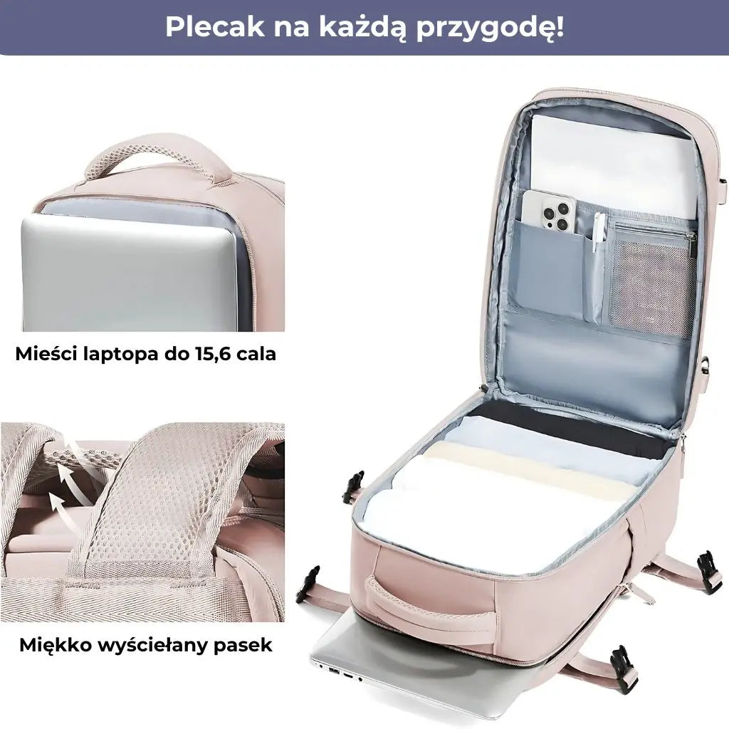 Wnętrze plecaka do samolotu w kolorze pudrowego różu, z przegrodą na laptop do 15,6 cala.