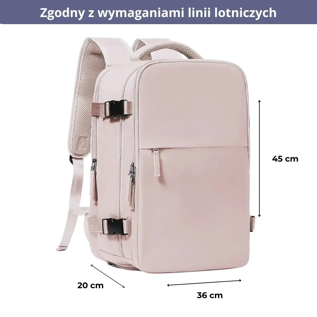 Plecak do samolotu o wymiarach 45x36x20 cm w kolorze pudrowego różu, zgodny z wymaganiami EasyJet.