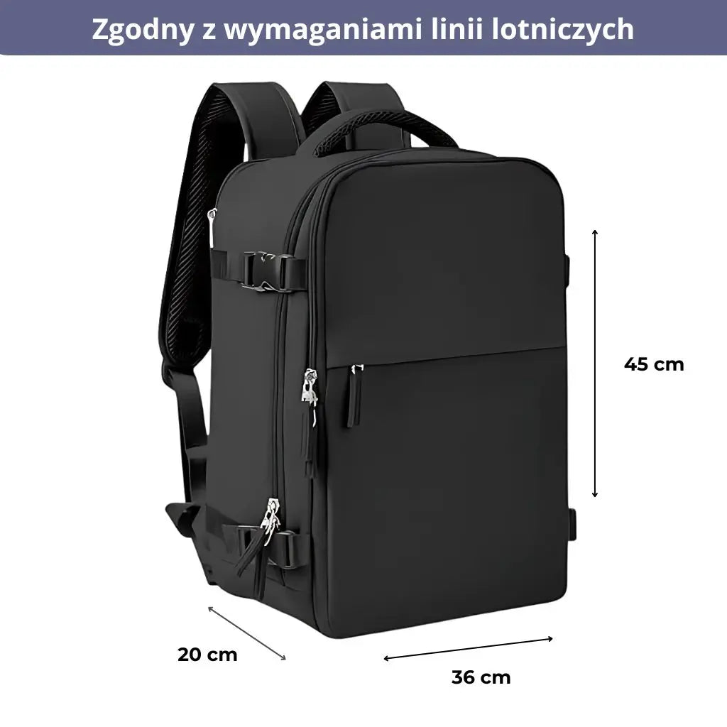 Plecak do samolotu o wymiarach 45x36x20 cm, zgodny z wymaganiami EasyJet, widok z przodu.