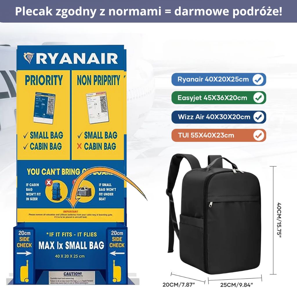 Czarny plecak podręczny 40x20x25 do samolotu Ryanair z dodatkową kieszenią.