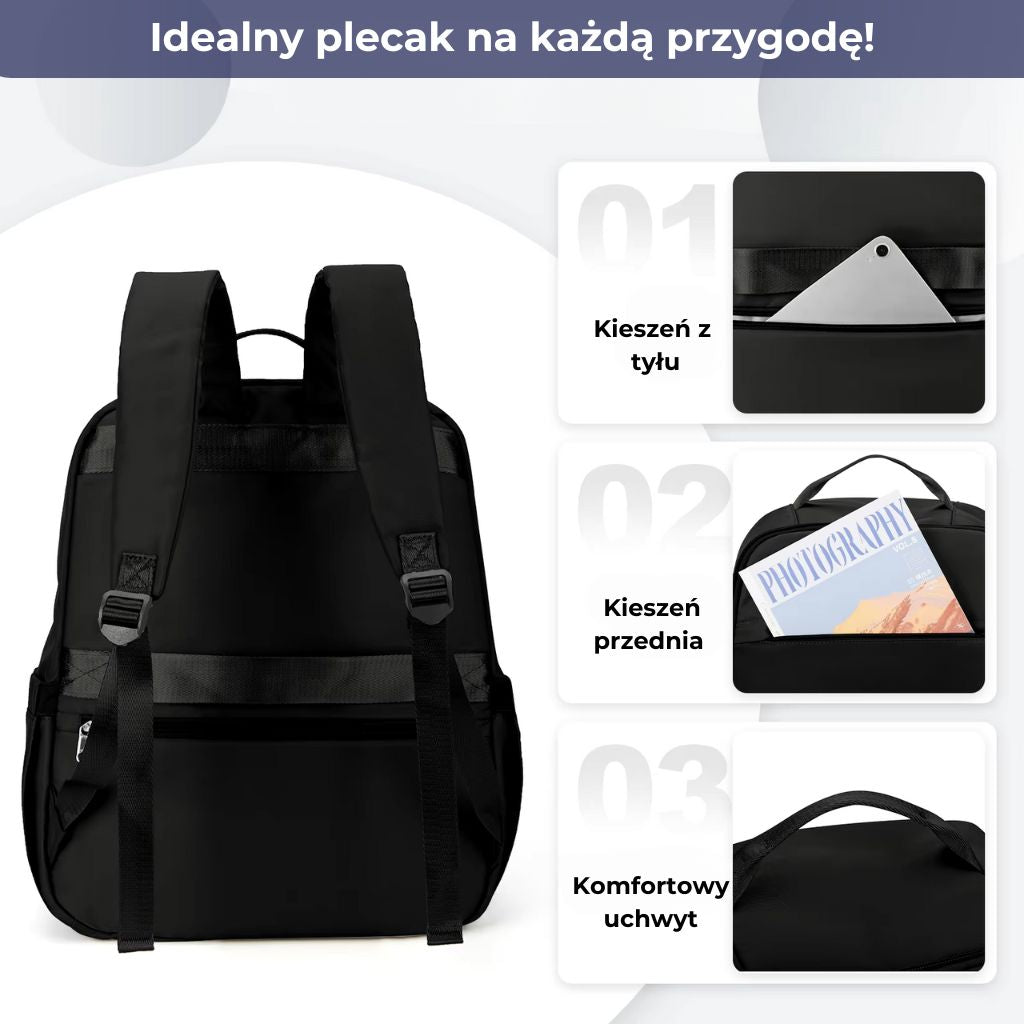 Praktyczny plecak czarny 40x20x25 do kabiny Ryanair z kieszeniami na laptopa i akcesoria.