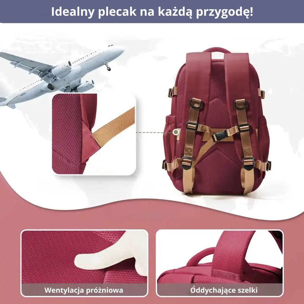 Plecak do samolotu czerwony 40x30x20 wizzair z wentylacją i oddychającymi szelkami.