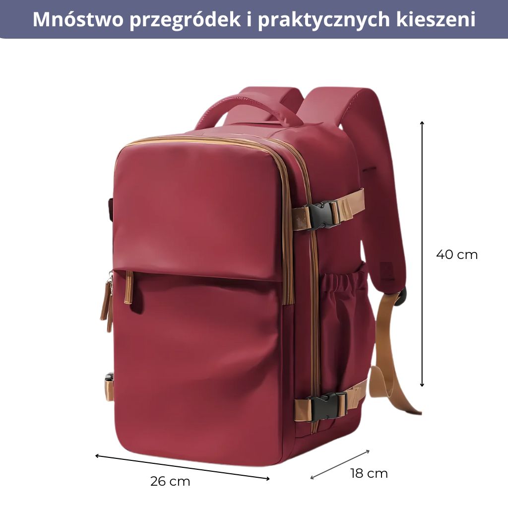 Plecak do samolotu czerwony 40x30x20 wizzair z zaznaczonymi wymiarami, praktyczny i stylowy.