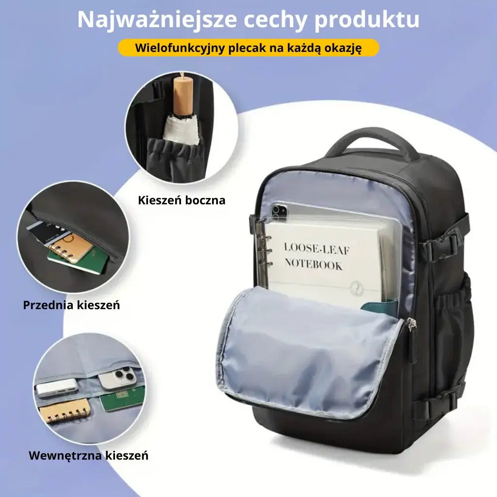 Plecak do samolotu kolorowy 40x30x20 wizz air, wielofunkcyjny plecak z widocznymi kieszeniami bocznymi i wewnętrznymi.