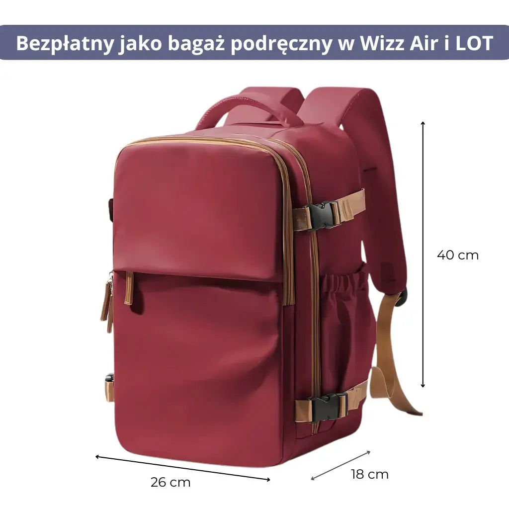 Plecak do samolotu kolorowy 40x30x20 wizz air, czerwony plecak podręczny o wymiarach 40x26x18 cm, zgodny z wymaganiami linii Wizz Air i LOT.