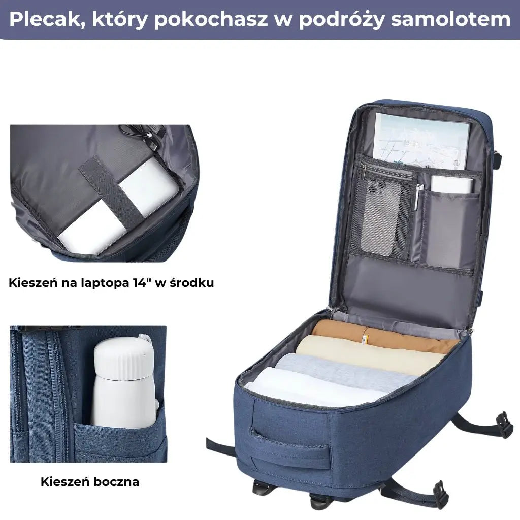 Niebieski plecak do samolotu Ryanair 40x20x25 z kieszenią na laptopa i boczną kieszenią.