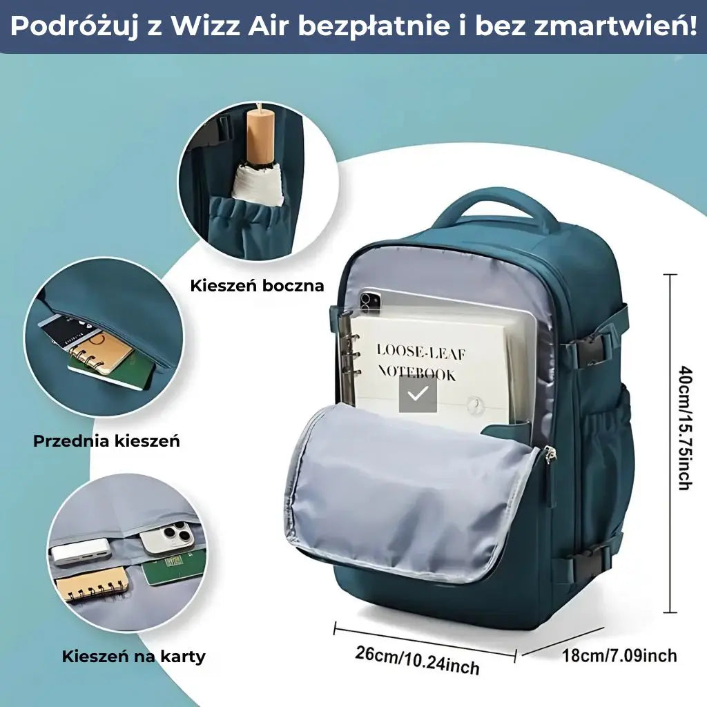 Plecak do samolotu w kolorze pawiej zieleni z widocznymi kieszeniami na karty, dokumenty i akcesoria, zgodny z Wizz Air.