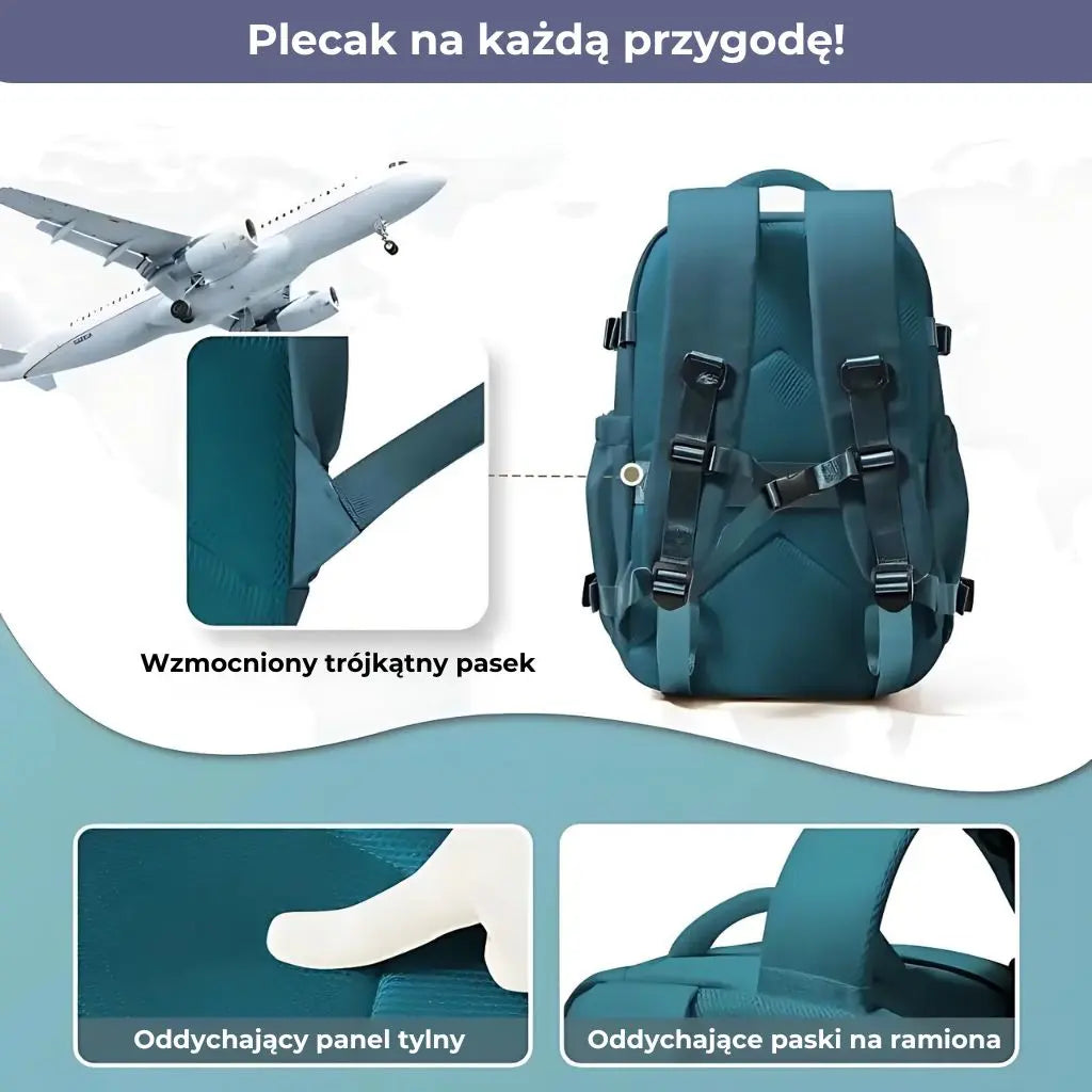 Widok tyłu plecaka w kolorze pawiej zieleni z pasami oddechowymi i wzmocnionym panelem, zgodny z Wizz Air.