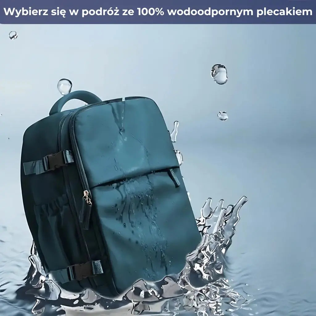 Wodoodporny plecak w kolorze pawiej zieleni o wymiarach 40x30x20 cm, zanurzony w wodzie, idealny na Wizz Air.