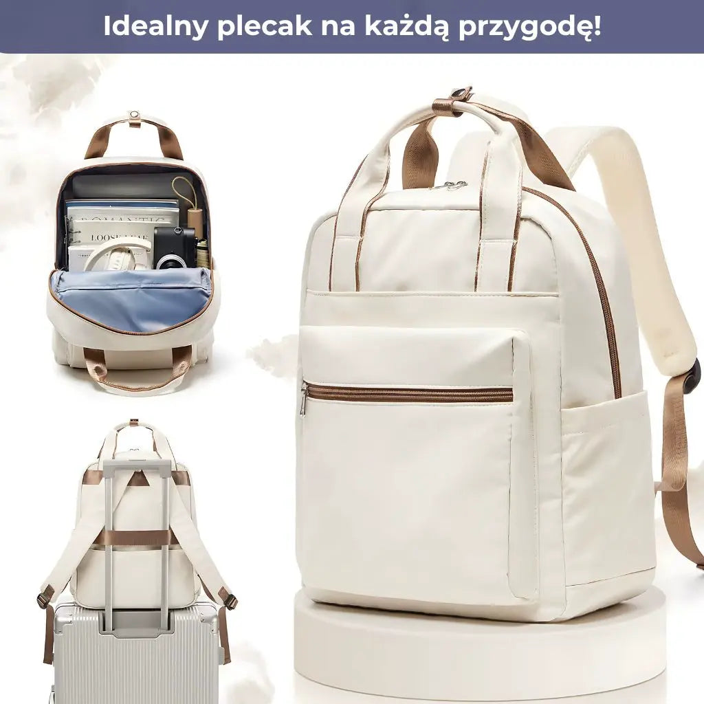 Beżowy plecak do samolotu wielofunkcyjny 40x30x20 z praktycznymi przegrodami i eleganckim wyglądem.