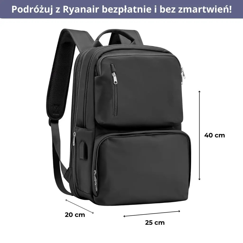 Plecak kabinowy 40x20x25 z praktyczną kieszenią, czarny, z widocznymi wymiarami na zdjęciu.