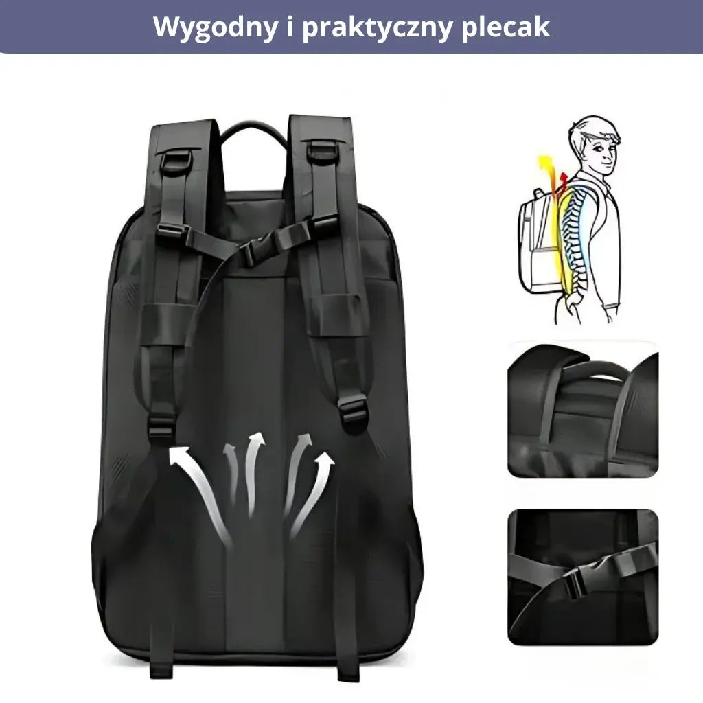 Tył plecaka kabinowego 40x20x25 z praktyczną kieszenią, z systemem wentylacji i wsparciem pleców.