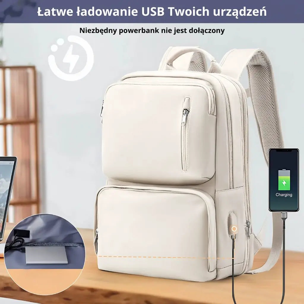 Plecak kabinowy 40x20x25 z praktyczną kieszenią, wyposażony w port USB do ładowania urządzeń mobilnych.