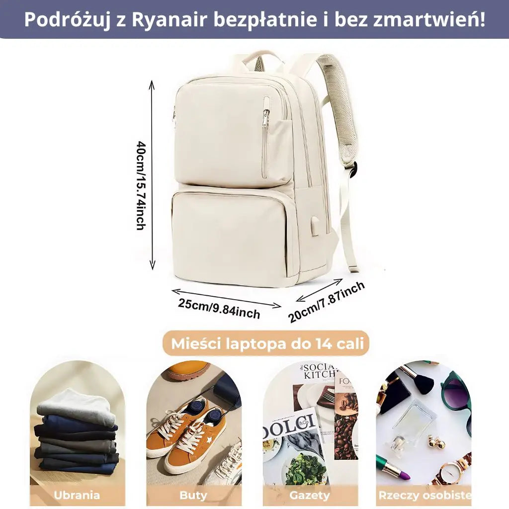 Plecak kabinowy 40x20x25 z praktyczną kieszenią, z podanymi wymiarami i miejscem na ubrania, buty oraz rzeczy osobiste.