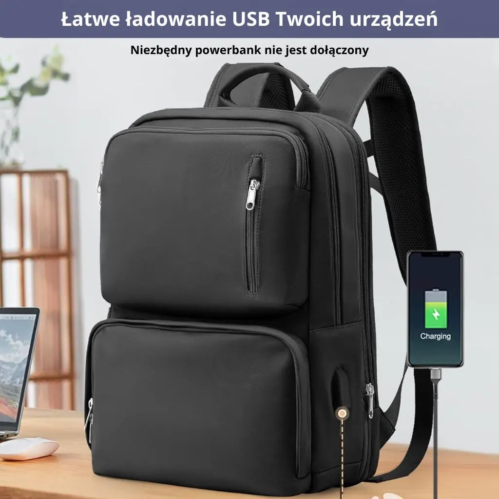 Plecak kabinowy 40x20x25 z praktyczną kieszenią, wyposażony w port USB do ładowania urządzeń.
