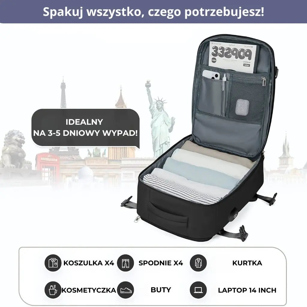 Plecak kabinowy czarny 40x20x25 Ryanair z miejscem na 3-5 dniowy wypad, idealny do spakowania laptopa i ubrań.