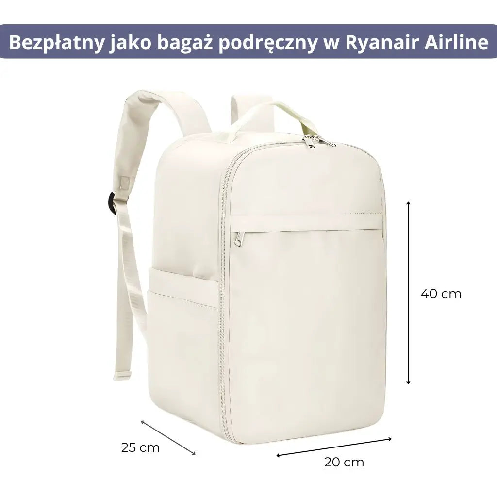 Plecak mały bagaż podręczny 40x20x25 ryanair, beżowy plecak z widocznymi wymiarami: 40 cm wysokości, 25 cm szerokości, 20 cm głębokości.