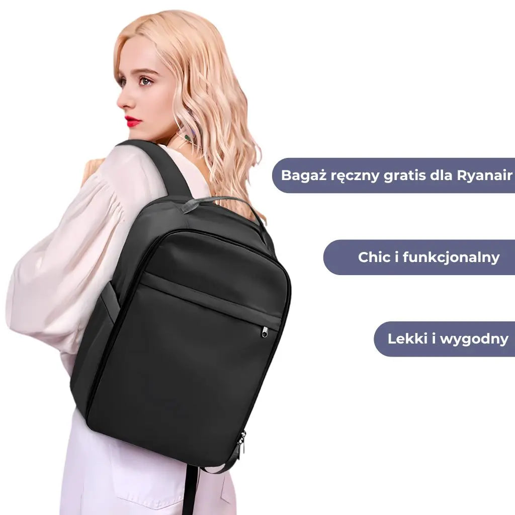 Plecak mały bagaż podręczny 40x20x25 ryanair, stylowy czarny plecak noszony przez kobietę, idealny na podróż.